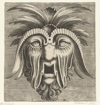 Açık, dişsiz ağzı, sarkık yanakları ve kafasında tepeleri olan maske Pourtraicture ingenieuse de plusieurs facons de masques… (dizi adı) by Frans Huys