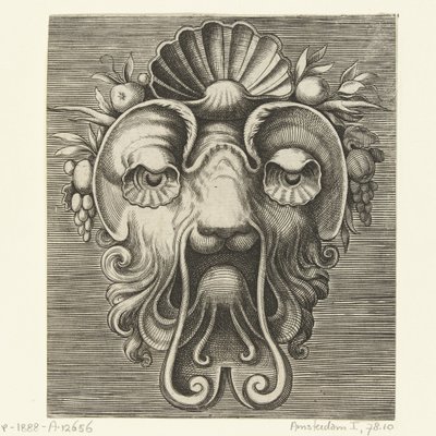 Kabuk şeklinde gözleri ve alında meyve kümeleri arasında bir kabuğu olan maske Pourtraicture ingenieuse de plusieurs facons de masques… (dizi başlığı) by Frans Huys