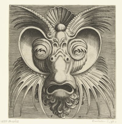 Yanaklarda ve alında sivri uçlu, göz çevresinde daireler bulunan maske Pourtraicture ingenieuse de plusieurs facons de masques… (dizi başlığı) by Frans Huys