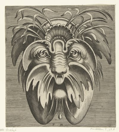 Sarkık yanaklar ve bıyık ile maske, saçlarda otlar var Pourtraicture ingenieuse de plusieurs facons de masques… (dizi başlığı) by Frans Huys