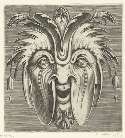 Saçında sarkık yanaklar ve çilek demetleri olan maske Pourtraicture ingenieuse de plusieurs facons de masques… (dizi başlığı) by Frans Huys