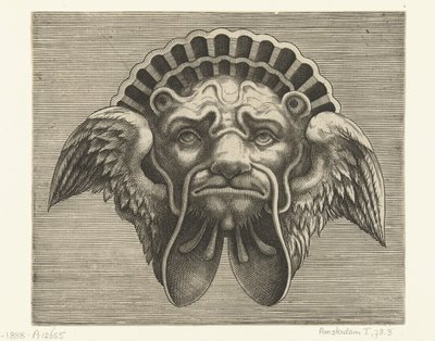 Kulak yerine kanatlı ve kabuk şeklinde bir başlık ile maske Pourtraicture ingenieuse de plusieurs facons de masques… (dizi adı) by Frans Huys