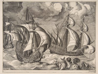 Yelkenli Gemilerden Bir Yunus Üzerinde Arion ile Yükselen Bir Fırtınada Üç Karavel, 1561-65. by Frans Huys