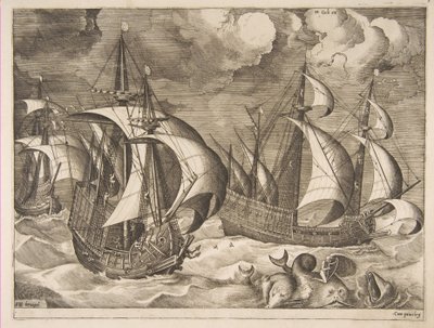 Yelkenli Gemilerden Bir Yunus Üzerinde Arion ile Yükselen Bir Fırtınada Üç Karavel, 1561-65. by Frans Huys