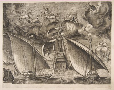 Gökyüzünde Phaeton ve Jüpiter ile Silahlı Üç Ustanın Arkasında Yelken Açan İki Kadırga, f..., 1561-65. by Frans Huys