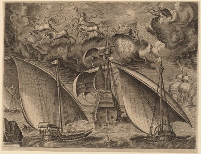 Gökyüzünde Phaethon ve Jüpiter ile Silahlı Üç Ustanın Arkasında İki Kadırga by Frans Huys after Pieter Bruegel the Elder