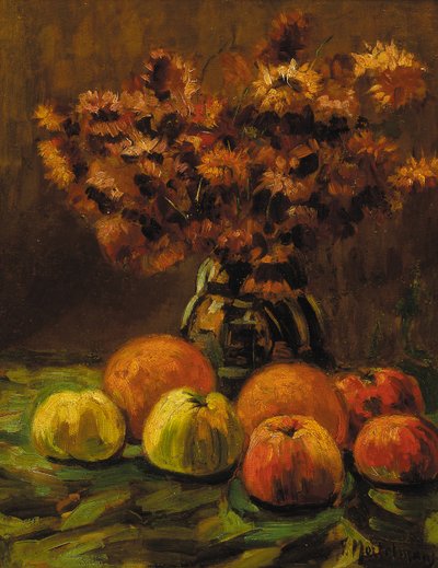 Bir masada elma, portakal ve bir vazo çiçek (panelde yağ) by Frans Mortelmans