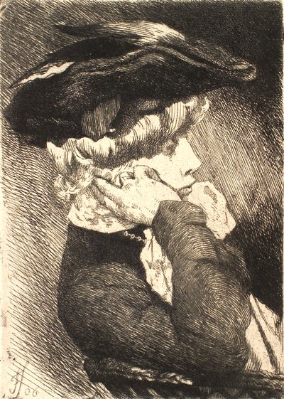 Şapkalı, keskin profilli oturan genç bir bayanın büstü by Frans Schwartz