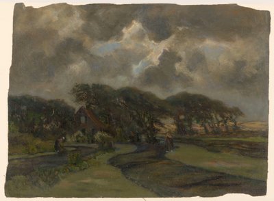 Bir ağacın kenarındaki ev ve balık ağları olan kadınlar by Frans Alexander Evert Lodewijk Smissaert