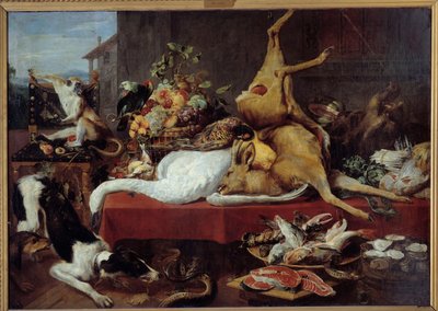 Geyik Oyunu (sülün, kaz, geyik), dilim balık, yengeç, baklagiller ile natürmort. Frans Snyders