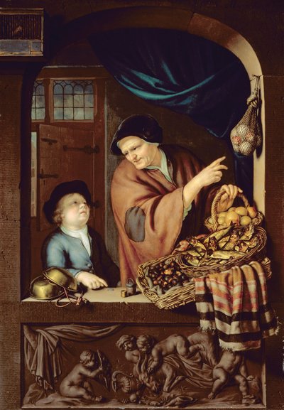 The Chestnut and Kipper Seller, 1722 (meşe üzerine yağlı boya) by Frans van Mieris