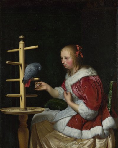 Papağan besleyen Kırmızı Ceketli Bir Kadın, yaklaşık 1663 by Frans van Mieris the Elder