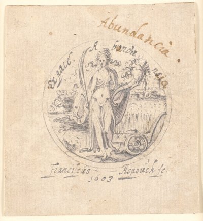 Bolluk ve barış hurması ile ayakta duran bir kadın figürü olarak fazlalık. daire içine alınmış by Franz Aspruck