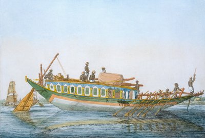 Badjera, büyük bir kürek dümeni olan kabinli bir nehir teknesi, 'Hindular veya Görgü Kuralları, Kostümleri ve Törenlerinin Açıklaması'ndan, c.1808-12 (renkli gravür) by Franz Balthazar Solvyns