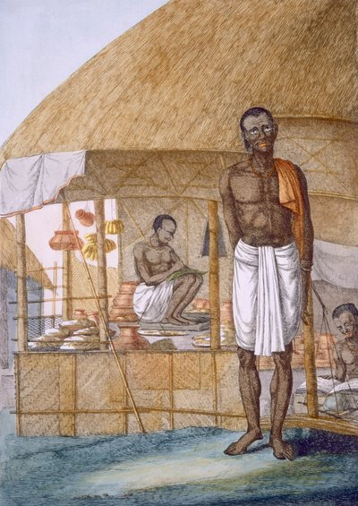 ಅಂಗಡಿಯವನು ಮಡಕೆಗಳು, ಬಾಳೆಹಣ್ಣುಗಳು ಮತ್ತು ಧಾನ್ಯಗಳನ್ನು ಮಾರಾಟ ಮಾಡುತ್ತಿದ್ದಾನೆ, 