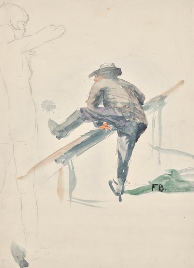 Bir korkuluk ve çıplak bir kızın ana hatları üzerinden tırmanan adam by Franz Barwig d. Ä.
