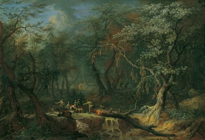 Düşmüş bir ağaç ve avcılar ile orman manzarası by Franz Christoph Janneck