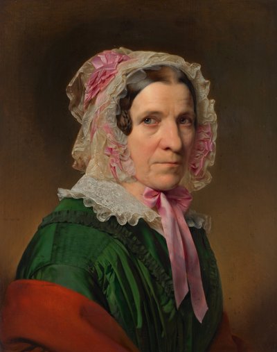 Dantel kaputlu ve pembe kurdeleli yaşlı bir bayanın portresi by Franz Eybl