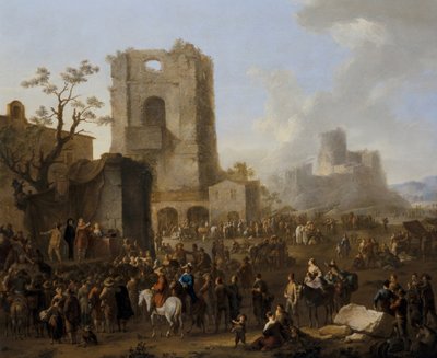 Saltarello Dansı Eden Figürlerin Bulunduğu Bir İtalyan Şehir Görünümü by Franz Ferg