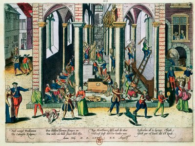 Kiliselerdeki kalıntıların ve heykellerin yok edilmesi, Nisan 1566 (renkli gravür) by Franz Hogenberg
