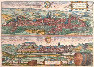 Eisleben ve Tübingen, Almanya (gravür by Franz Hogenberg