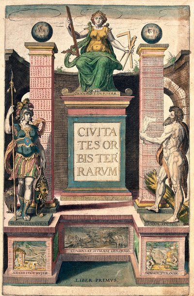 İlk cildin cephesi: coğrafya alegorisi, ellerinde comppa, kare ve rulle tutan bir kadın, bir kadın askerin ve çıplak bir adamın üzerinde budanan bir kadın (gravür by Franz Hogenberg
