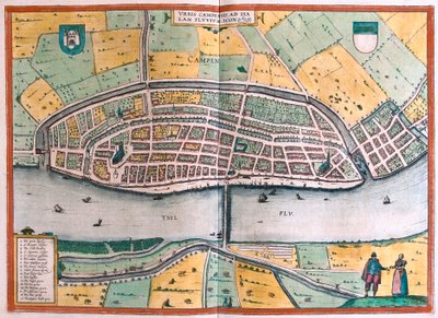 Kampen ve nehir IJssel veya Yssel, Hollanda (gravür by Franz Hogenberg