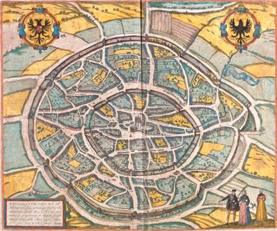 Aachen (Aquisgranum), Almanya Haritası (gravür by Franz Hogenberg
