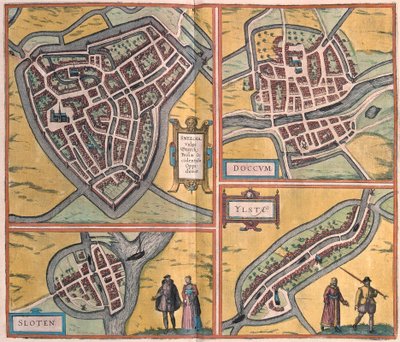 Sneek, Dokkum, Sloten, Ijlst, Hollanda (gravür by Franz Hogenberg