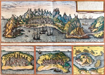 Aden (Yemen), Mombasa (Mombaza) (Kenya), Kilwa Kisiwani (Quiloa) (Tanzanya) ve Cefala Diana (Cefala) (Sicilya, İtalya) (gravür) manzaraları by Franz Hogenberg