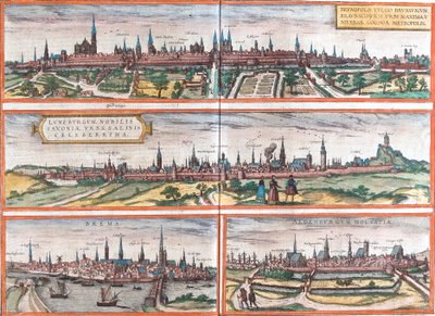 Brunswick (Brusvicum), Lüneburg (Loneburgum), Breme (Brema) ve Oldenburg (Aldenburgum), Almanya (gravür) manzaraları by Franz Hogenberg