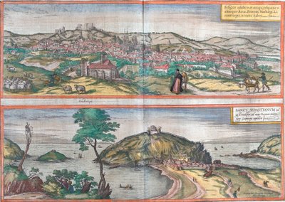 Burgos ve San Sebastian (veya Donostia), İspanya manzarası (gravür by Franz Hogenberg