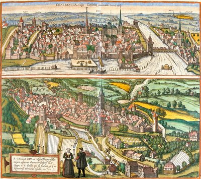 Constance (Contantia), Almanya ve St. Galli (S. Galli), İsviçre (gravür) manzaraları by Franz Hogenberg