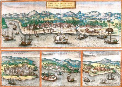 Kozhikode veya Calicut (Calichut) (Hindistan), Ormuz (Ormus) (İran), Cannanore veya Kannur (Canonor) (Hindistan) ve St. George madeninin (S. Georgii) veya Elmina (Gana) (gravür) manzaraları by Franz Hogenberg