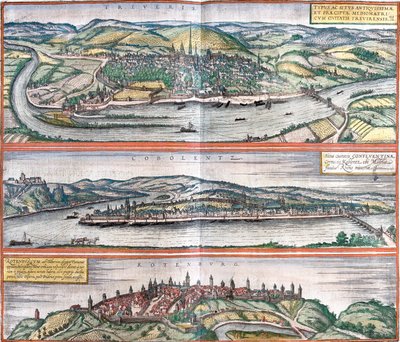 Treves (Treveris), Koblenz (Coboletz) ve Rothenburg (Rotenburgum), Almanya (gravür) manzaraları by Franz Hogenberg