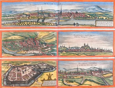 Weimar (Weimaria), Iena, Erfurt (Erdfordia), Gotha ve Fulde (Fuldensis), Almanya (gravür) manzaraları by Franz Hogenberg