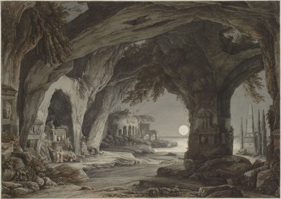 Ay ışığında kaya mağarası, mezarlar ve harabeler ile ideal manzara, c. 1790. by Franz Innocenz Josef Kobell