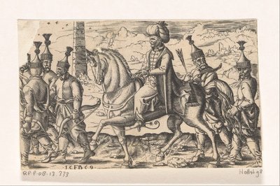 Sultan askerler eşliğinde at sırtında by Franz Isaac Brun