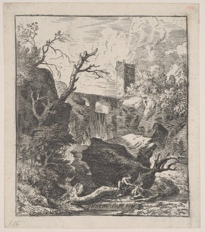 Levha 2: Ön planda bir derenin kıyısında bir ağaç gövdesi üzerinde oturan iki figür,..., yakl. 1700-25. by Franz Joachim Beich