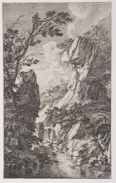 Levha 4: Sağda bir derenin kıyısında iki balıkçı, ortada bir şelale, ön..., yakl. 1700-25. by Franz Joachim Beich