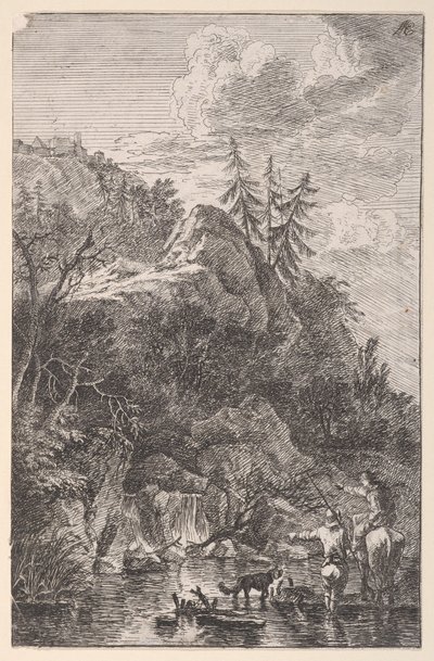 Levha 5: at sırtında kadın figürü ve sokakta duran bir köpekle bir erkek figürü..., ca. 1700-25. by Franz Joachim Beich