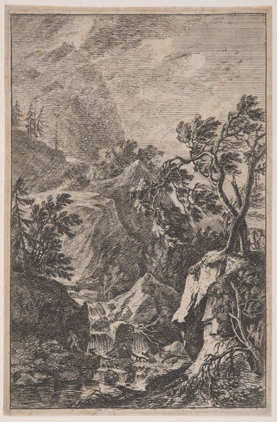 Levha 6: Sağda bir kayanın üzerinde duran iki erkek figürü, ortada bir şelale..., yakl. 1700-25. by Franz Joachim Beich