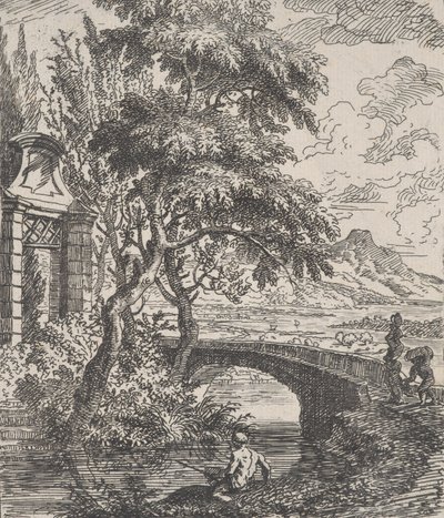 Levha 7: sağda iki figür bir taş köprüyü geçmek üzere, bir balıkçı..., yakl. 1700-25. by Franz Joachim Beich