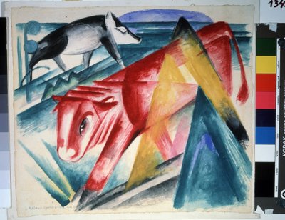 ""Hayvanlar"" (Hayvanlar) İnek ve yaban domuzu. Suluboya Franz Marc (1880-1916) (dışavurumculuk) 1913. Boyut 39x45 cm Puşkin Müzesi, Moskova by Franz Marc