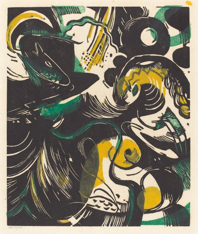 Genesis II (Schopfungsgeschichte II), 1914 (sarı, siyah ve yeşil ahşap baskı) by Franz Marc