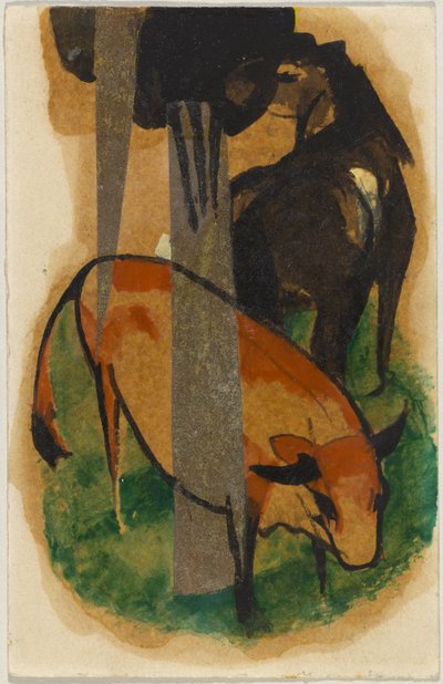 Almanca: Kırmızı at ve sarı inek by Franz Marc
