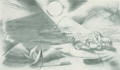 Güneş, dağlar, bir grup at ile bozulmamış manzara by Franz Marc