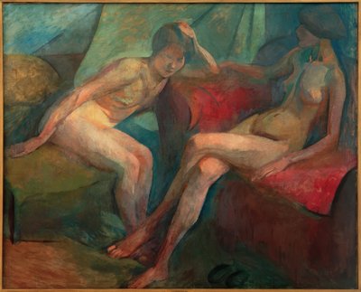 Kırmızı bir kanepede iki nü by Franz Nolken