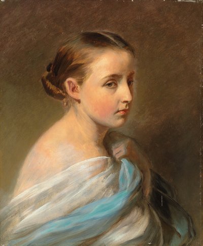 Bir Kızın Portresi, Başı ve Omuzları, Mavi Beyaz Bir Şal İçinde Dökümlü, 1850 dolayları by Franz Xaver Winterhalter