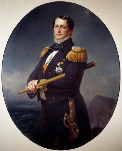 Bir Amiralin Portresi Bir deniz amirali, elinde uzun bir manzara, arkada bir deniz manzarası. Xaver Winterhalter